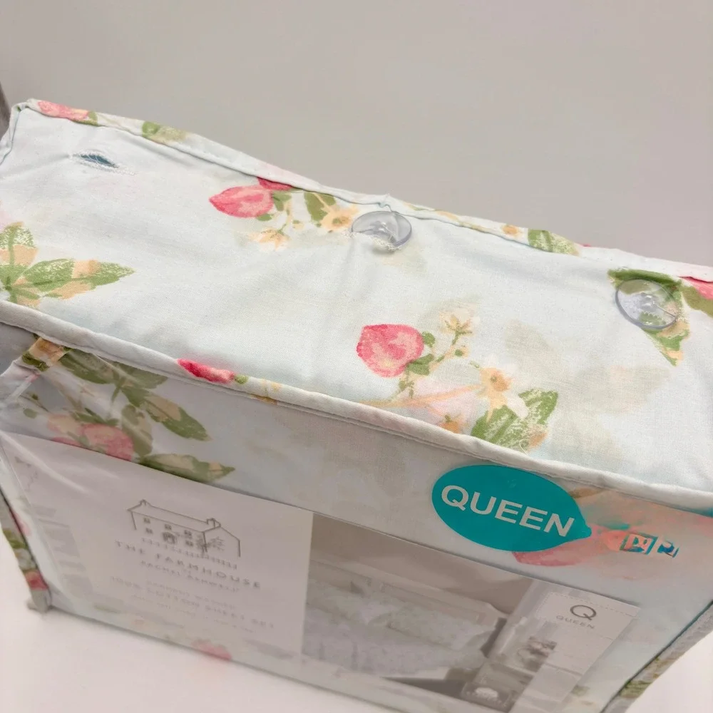 The Farmhouse by Rachel Ashwell Queen Cotton Sheet Set Floral Strawberry Blue